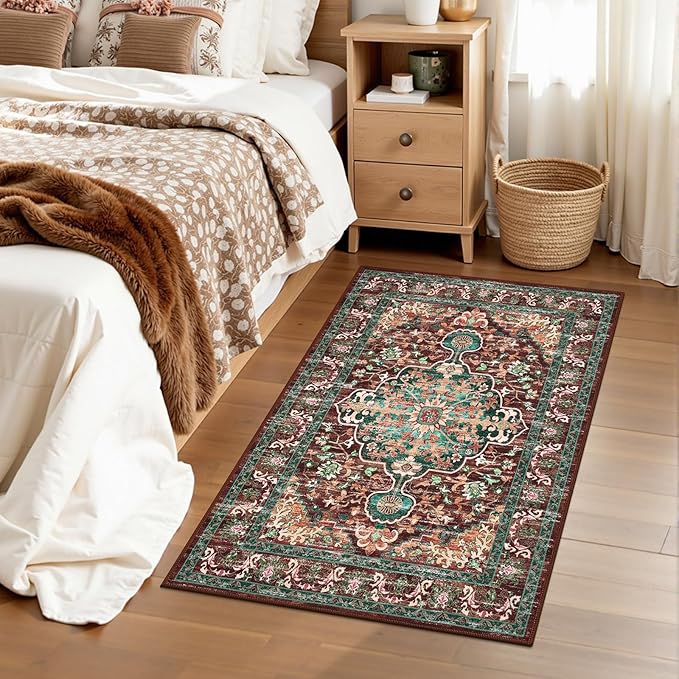 U'Artlines 2x3 Washable Boho Area Rug, Small Non Slip Vintage Doormat for Indoor Front Door Ultra Thin Mat Carpet for Entryway Kitchen Bathroom Bedroom Rust＆Teal