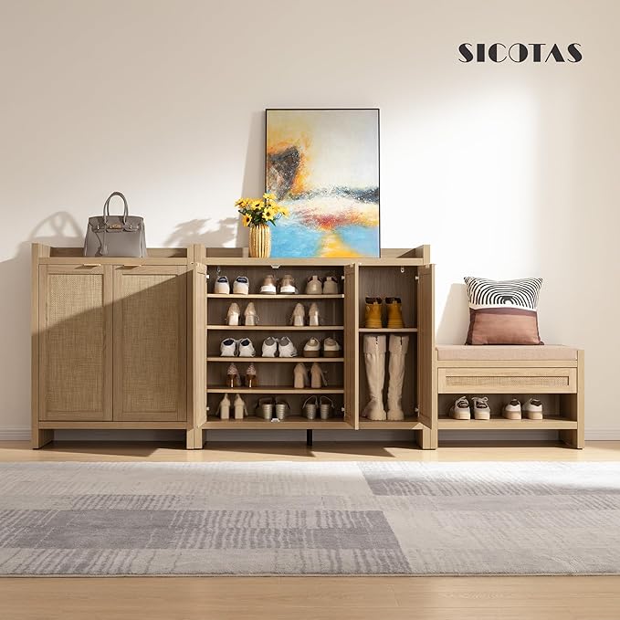 SICOTAS Shoe Storage Cabinet, 30 Pairs Rattan Shoe Cabinet Storage for Entryway, 6-Tier 41" Tall Large Shoe Cabinet, Boho Farmhouse Cabinet with Doors for Entryway Hallway Living Room, Light Oak