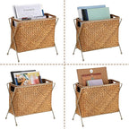 BTSKY Handwoven Magazine Holder, Natural Seagrass Magazine Basket with Metal Rack, Mail Holder Floor Organizer for Office, Living Room, Dorm, Bathroom, Woven Rattan File Basket with Handle(Caramel)