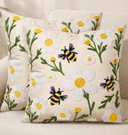 Embroidered Throw Pillow Covers 18x18 Inch - Set of 2 Summer Spring Boho Decorative Pillow Covers with Zipper for Living Room Couch Sofa Bed Aesthetic Design Flower Bee Cushion Pillowcases
