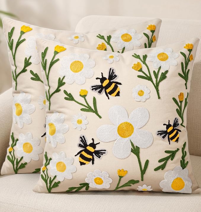 Embroidered Throw Pillow Covers 18x18 Inch - Set of 2 Summer Spring Boho Decorative Pillow Covers with Zipper for Living Room Couch Sofa Bed Aesthetic Design Flower Bee Cushion Pillowcases