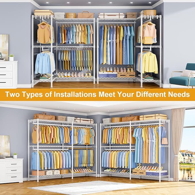 E15 Pro Garment Rack L Shaped Clothes Rack for Corner，Freestanding Clothing Racks for Hanging Clothes，Heavy Duty Closet System with 4 Hanging Rods & 8 S Hooks，48.8"W x 15.8"D x 78.4"H，White