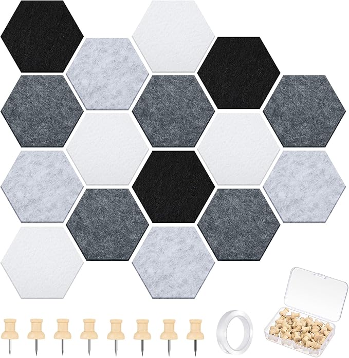 Mindsoft 16 Pcs Hexagon Cork Board for Walls with 50 Wooden Push Pins 6.7 x 5.9 in Felt DIY Tiles Notice with Nano Tape Hanging Bulletin Board for Home Photo Office Memo Note(Grey)