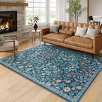 Moynesa Floral Washable Rug, Boho 5x7 Area Rugs for Living Room, Non Slip Large Dining Room Rug Under Table, Botanical Ultra Thin Floor Carpet for Bedroom Home Office, Teal