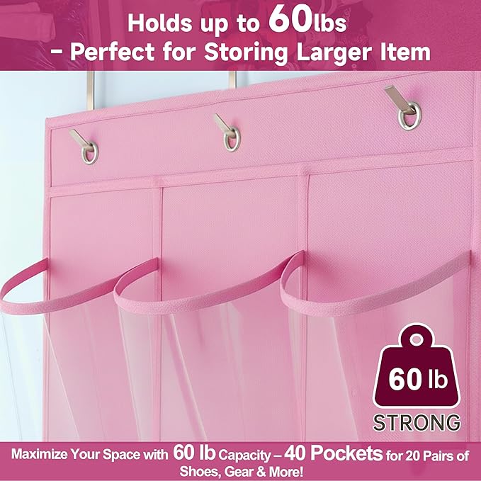 Over the Door Shoe Organizer with 40 Clear PVC Pockets – Waterproof Hanging Shoe Holder for Closet & Bathroom – Space-Saving Door Shoe Rack for Shoes, Toys, Toiletries & Snacks(Pink)