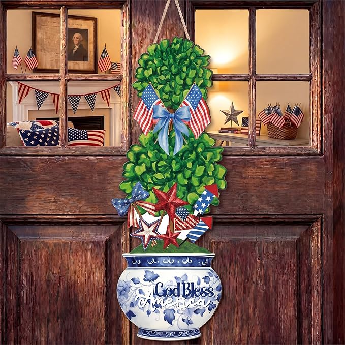 4th of July Large Size Chinoiserie Bonsai Door Hanger Patriotic Topiary Wooden Sign Front Door Home Wreath God Bless America Red White and Blue Ornament for 250 Anniversary Independence Day Yard