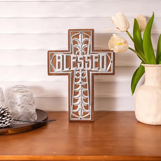 Wall Wooden Cross Christians Spiritual Religious Gifts With Hook on Hanging Wall Or Table With Blessed For Church Home Room Decoration For Christmas (Iron Blessed)