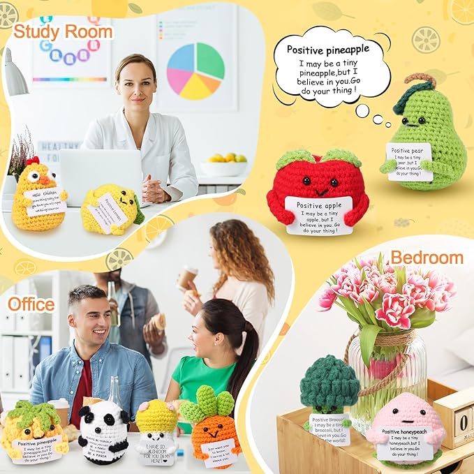 HunnmingRe 12 Pcs Cute Crochet Doll with Positive Card Soft Wool Animals Creative Knitting Dolls for Positive Support Inspirational Birthday Encouragement Gift(Mushroom Style)