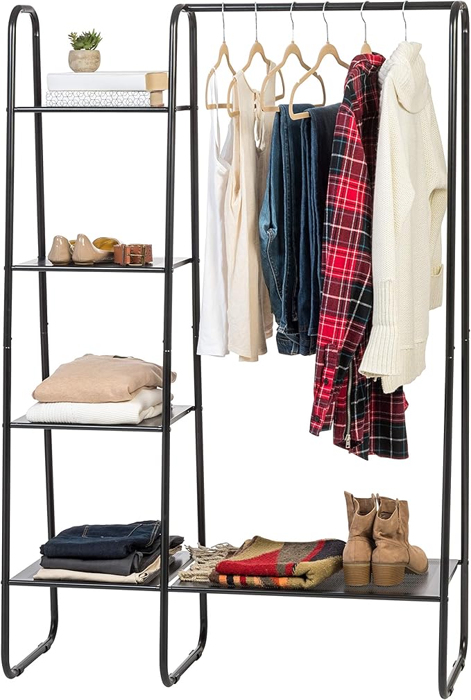 IRIS USA Clothes Rack with 4 Metal Shelves, Freestanding Clothing Racks for Hanging Clothes, Easy to Assemble, Standing Metal Sturdy Garment and Accessories Rack, Small Space Storage Solution, Black