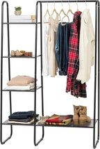 IRIS USA Clothes Rack with 4 Metal Shelves, Freestanding Clothing Racks for Hanging Clothes, Easy to Assemble, Standing Metal Sturdy Garment and Accessories Rack, Small Space Storage Solution, Black