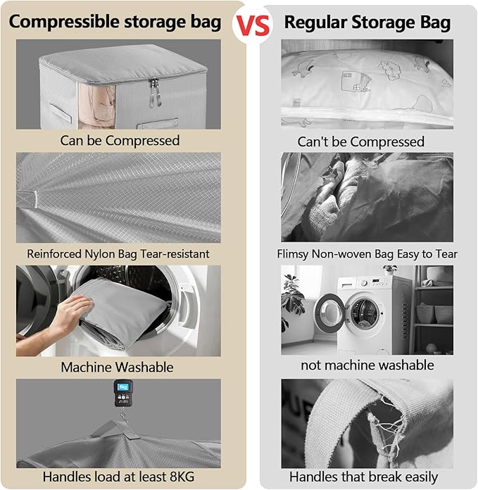 4 Pack Space Saving Comforter Storage Bag with Handle, 3-Layer Compression Blanket Storage Bags Adjustable In 3 Sizes (142L, 107L, 71L), Washable Bedding Organizer For Pillow Duvet Clothing Plush Toy