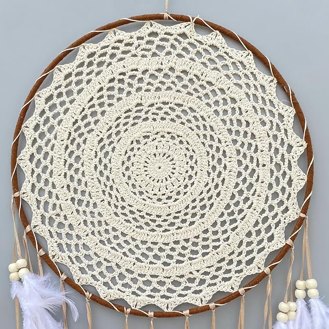 Large White Dream Catcher, Handmade Big Dream Catchers for Bedroom Wall Hanging Wedding Party Decor with a Greeting Card Gift (11.8 Inches in Diameter)