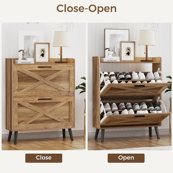 32" W Farmhouse Shoe Storage Cabinet with 2 Flip Drawers and Barn Door Design, Adjustable Shelves, Hidden Slim Narrow Shoe Rack Cabinet for Entryway, Foyer, Hallway, Living Room, Rustic Walnut