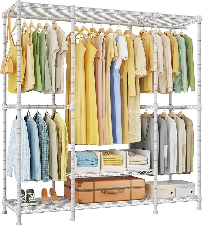 Ulif E3 Heavy Duty Garment Rack, 4 Tiers Freestanding Closet Organizer System with 5 Shelves, Metal Closet Organizer and Storage System for Clothes, Max Load 850lbs, 58.4"W x 15.7"D x 77.3"H, White