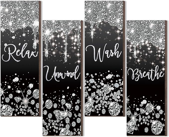 Huwena 4 Pcs Black and Silver Bathroom Wall Decor Glitter Diamond Wooden Living Room Decor Relax Wish Unwind Breathe Sign Black Silver Shiny Drips Hanging Bathroom Sign for Toilet Home Spa