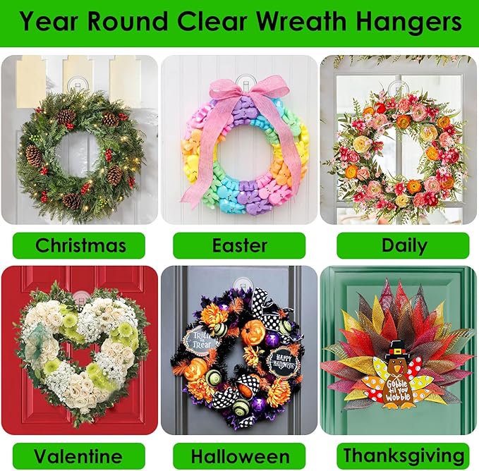Wreath Hanger, Heavy Duty Suction Cup Hooks for Front Door, Plastic Clear Hooks for Halloween Christmas Wreaths, Welcome Sign, Glass Door, Tile Wall