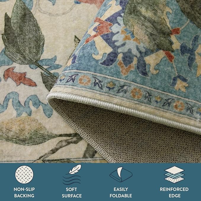 Lahome Botanical Birds Washable Blue 3x5 Rugs for Entryway, Non Slip Kitchen Rug Blue Bathroom Rugs, Boho Vintage Soft Indoor Throw Carpet for Living Room Front Door