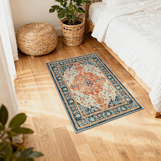 U'Artlines 2x3 Washable Boho Area Rug, Small Non Slip Vintage Doormat for Indoor Front Door Ultra Thin Mat Carpet for Entryway Kitchen Bathroom Bedroom Orange/Multi