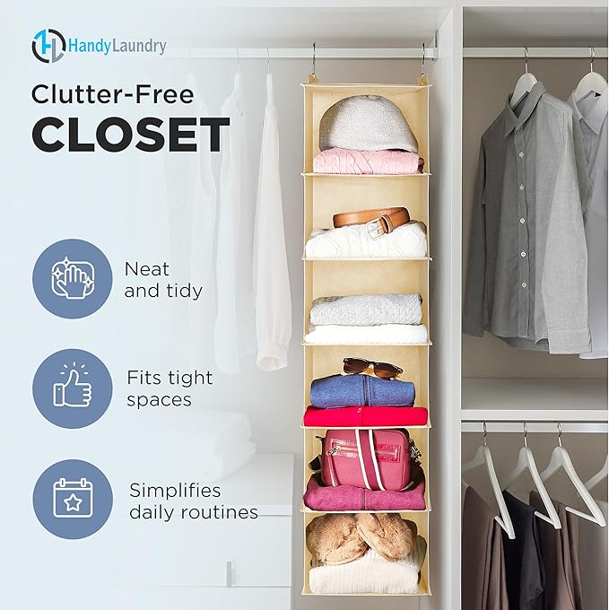 Handy Laundry Hanging Closet Organizer - 6 Shelf Storage for Clothes, Sweaters, Shoes & Accessories - Space-Saving Wardrobe Shelves with Hooks for Dorm, RV & Small Closet Organization (Beige)