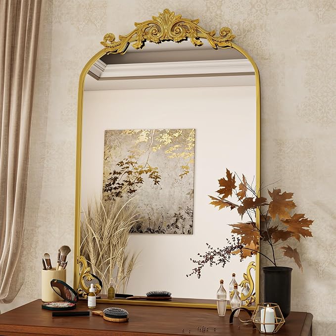 VooBang 24x36 inch Vintage Arched Bathroom Mirror - Gorgeous Wall Vanity Mirror with Beautiful Retro Top and Bottom Engraving Process Frame for Entryway Hallway Living Room, Gold