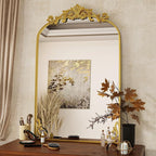 VooBang 24x36 inch Vintage Arched Bathroom Mirror - Gorgeous Wall Vanity Mirror with Beautiful Retro Top and Bottom Engraving Process Frame for Entryway Hallway Living Room, Gold