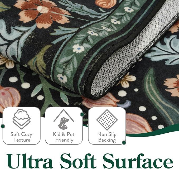 Moynesa Floral 5x7 Living Room Area Rug, Soft Washable Rugs for Bedroom, Non Slip Ultra Thin Boho Rug Botanical Stain Resistant Floor Carpet for Dining Room Home Office, Black