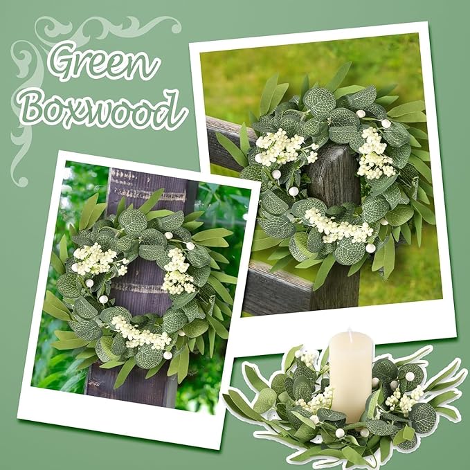 8 Pcs Small Eucalyptus Wreaths Spring Summer Artificial Green Wreath with White Berries Mini Green Kitchen Cabinet Wreaths with Ribbon for Front Door Porch Wall Window Farmhouse Decoration