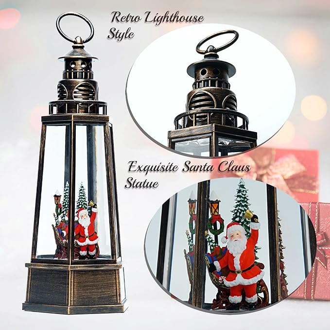 13.5'' Christmas Santa Snow Globe, Retro Lighthouse Style Musical Lighted Water Lantern, Decoration with Swirling Glitter, USB Powered and Battery Operated, Xmas Home Décor Gift