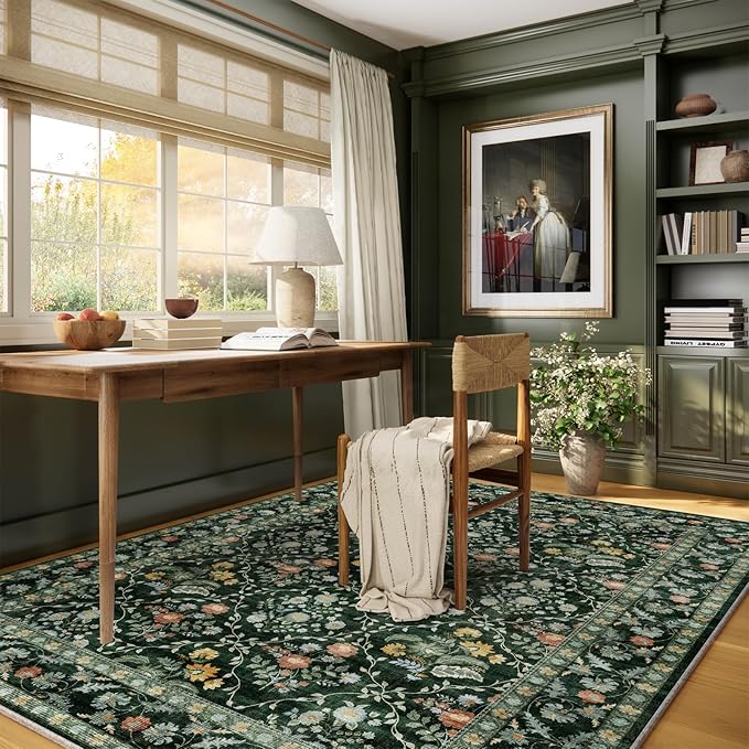 Vintage Botanical Dark Green Area Rug 5x7 Elegant Floral Pattern, Durable Stain-Resistant Fabric, Perfect for Living Room, Bedroom, Dining Room Decor