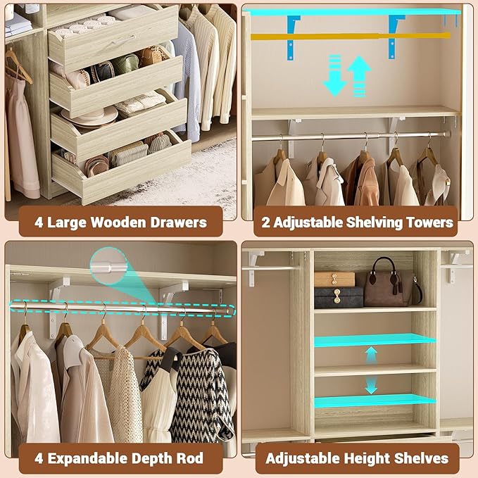 Aheaplus Closet System with 4 Drawers, 8FT Wood Closet Organizer System, Walk-in Closet Wardrobe with Tower, 4 Hang Rods, 2 Top Shelves, Built In Closet Insert System, Fits Spaces 4-9 ft, White Oak