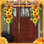 Lyrow 4 Pcs Cordless Prelit Christmas Sunflower Artificial Swags 24" Stairway Teardrop Trim Swag with Timer Christmas Staircase Decoration Battery Operated Garland for Indoor Outdoor Railing Decor