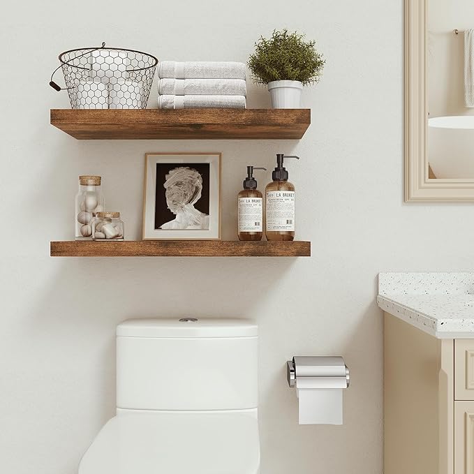 Vivelove Floating Shelves for Wall, 24 inch Wall Shelves for Bathroom Bedroom, Living Room, Kitchen, Office, Rustic Farmhouse Shelf Decor with Invisible Bracket, 24x9x1.6, Set of 2, Rustic Brown