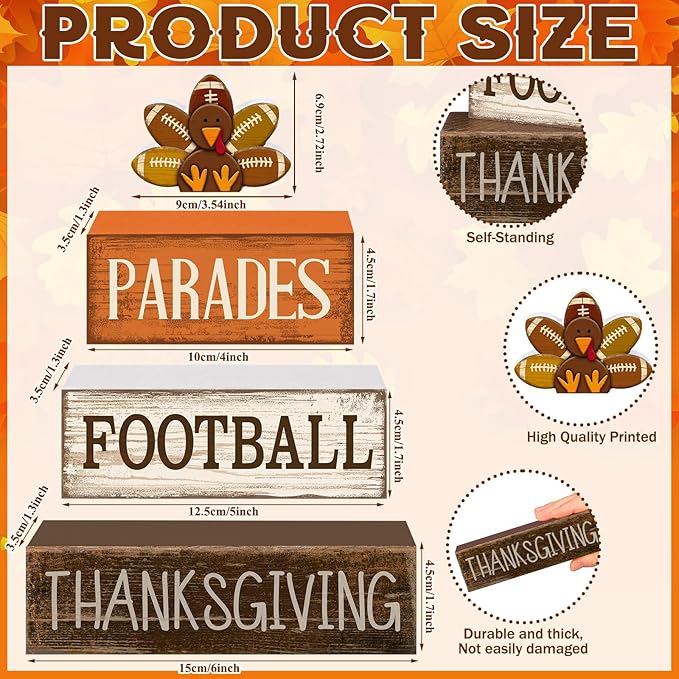 Lineshading 4 Pcs Fall Table Decorations for Home Thanksgiving Football Turkey Wooden Stacked Sign Decor Thanksgiving Tiered Tray Decor Rustic Wooden Football Turkey Block Sign for Harvest Party Shelf