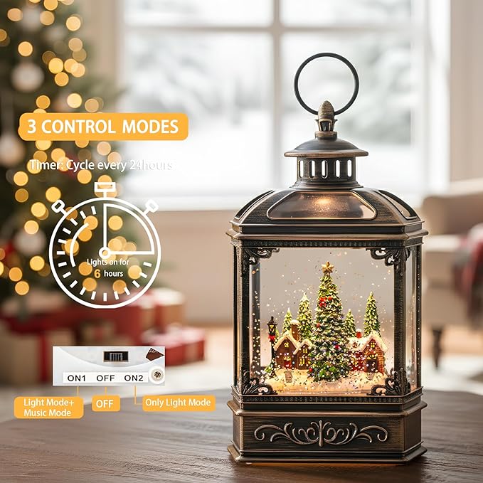 Christmas Snow Globe Lantern Water Glittering Xmas Village with Music & Timer, USB Lined/Battery Operated Lighted Lantern for Christmas Festival Decoration Gifts