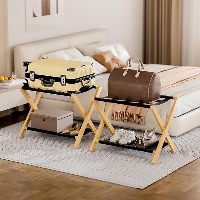 HITNET Luggage Rack, Folding Suitcase Stand for Guest Room, Bamboo Luggage Holder with Storage Shelf for Hotel Bedroom, Natural