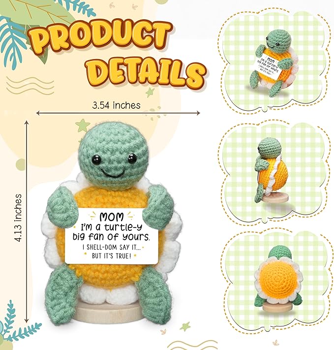 HEXMOZ Gifts for Mom from Daughter, Son - Birthday Gift, Ideas for Mothers, Mamas, Mother-in-Law - Handmade Collectible Turtle Daisy Doll Crochet Emotional Support with Positive Card