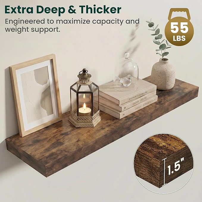 Floating Shelves for Wall 40 in x 9.3 in Deep, Wall Mounted Rustic Wood Shelf with Invisible Brackets for Storage & Display, Living Room Bedroom Bathroom, Brown, 2 Pack