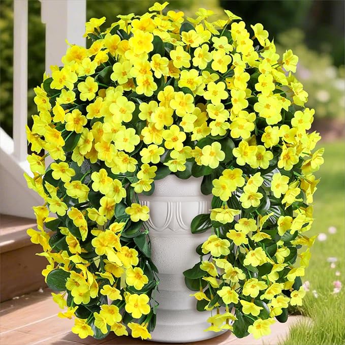 Artificial Faux Hanging Plants Flowers for Outdoor Spring Summer Decor, 2 PCS Fake Silk Yellow Daisy Long Vines Orchid UV Resistant Realistic Mums for Outside Home Porch Patio Balcony Planter