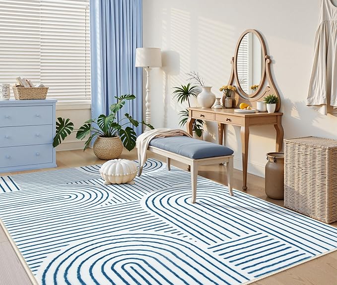 Lahome Abstract 8x10 Area Rugs, Soft Washable Blue Rugs 8x10 Living Room Rugs for Bedroom Dining Room, Ultra-Thin Accent Carpet for Office Dining Room(8x10ft,Blue/White)
