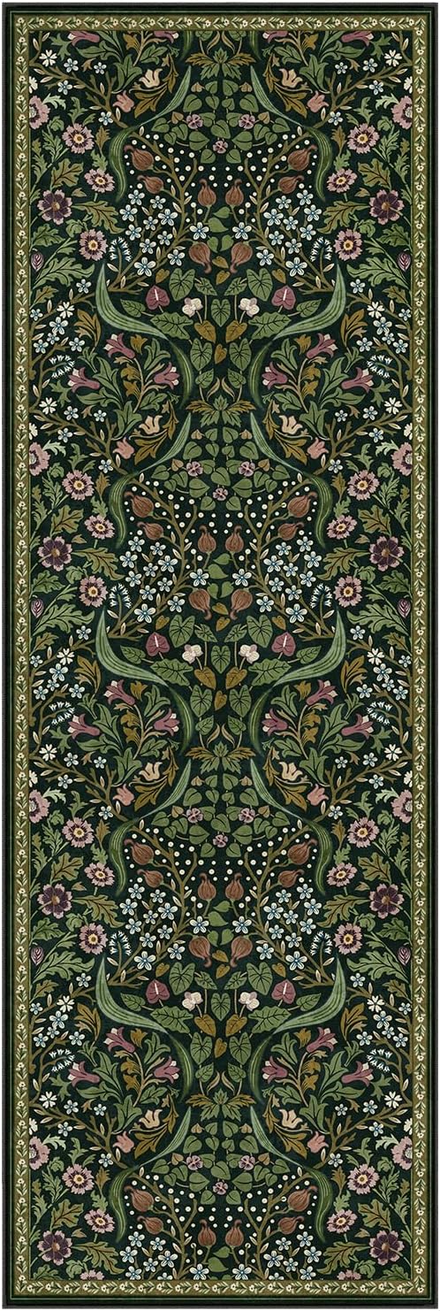 Moynesa Floral Kitchen Runner Rug 2x6, Washable Runners for Hallways Non Slip Green Soft Bathroom Carpet Runner, Boho Ultra Thin Botanical Throw Rug for Laundry Room Entryway, Green