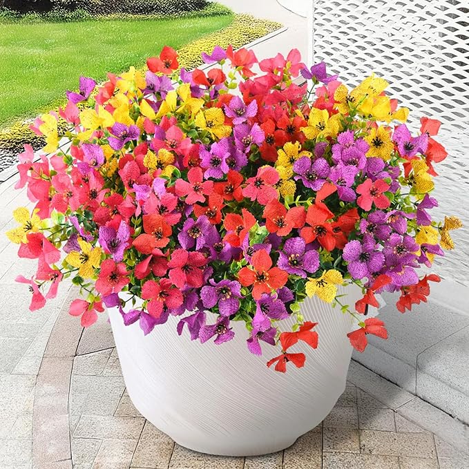 Homsunny Artificial Fake Flowers Plants for Outdoors - 12 Bundles Fake Plants Faux Silk Flowers Outside, UV Resistant for Planter Front, Porch, Garden, Patio, Spring Decor