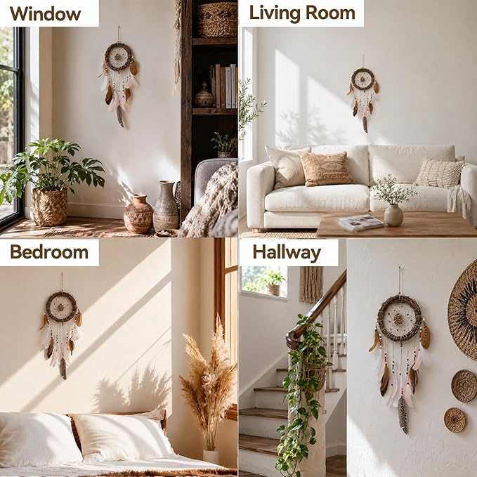 Rattan Dream Catchers with Peacock Feather, Boho Wall Decor Rustic Wooden Native American Wall Art for Bedroom Living Room (Green Blue Mix)