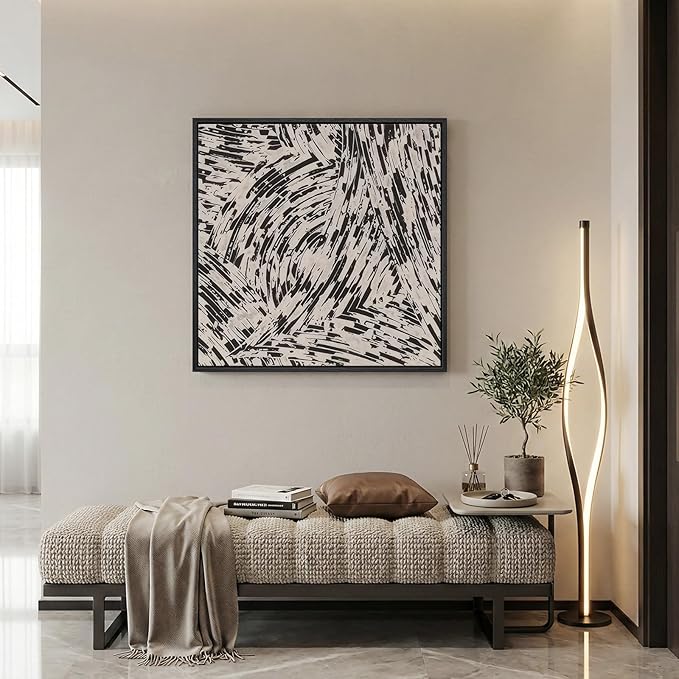 Framed Black and White Abstract Wall Art, 1 Piece Square Modern Canvas Prints Paintings, Minimalist Abstract Brush Pictures for Bedroom Dining Room Living Room Lounge Bathroom Wall Decor 24x24 In