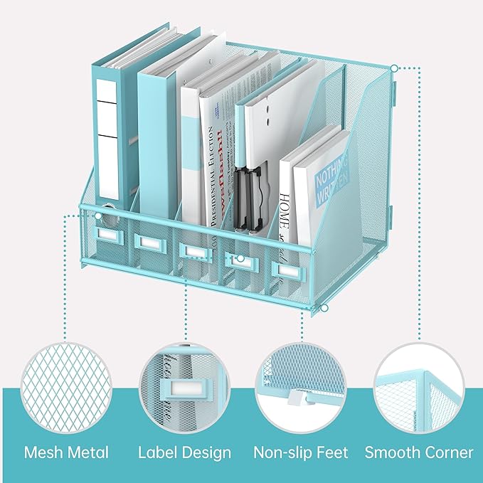 SUPEASY Desk Organizers Metal Desk Magazine File Holder with 5 Vertical Compartments Rack File Organizer for Office Desktop, Classroom, Home Workspace, Blue Plus