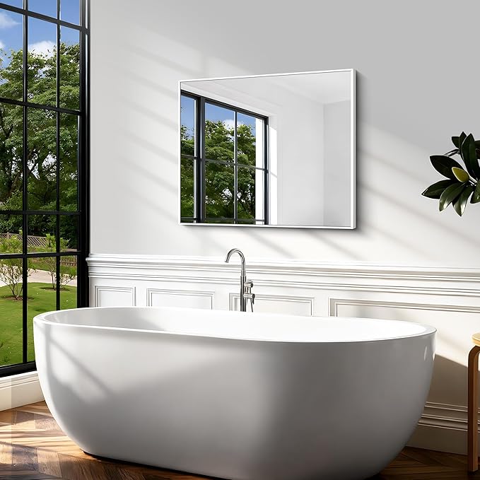 BONEWEI White Bathroom Mirror,30x36 inch Wall Mirror for Bathroom Wall Mounted,Rectangle Mirror for Bathroom Over Sink,Modern Metal Frame for Living Room,Bedroom Entryway,Horizontal/Vertical