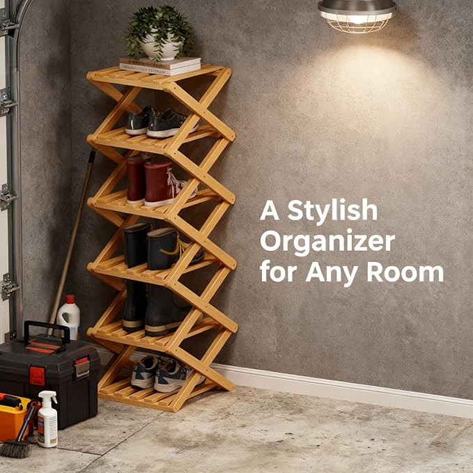 The 9-Tier No-Assembly Bamboo Rack, 2026 Upgraded Foldable Bamboo Shoe Rack, Space-Saving Organizer for Shoes, No Assembly Narrow Shoe Shelf for Entryway Closet Dorm (Brown,7-Tier)