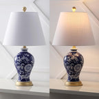 JONATHAN Y 24" Navy/White French Country Ceramic Floral Urn Table Lamp, White Linen Shade, Chinoiserie Ginger Jar Bedside Lamp for Living Room Bedroom, LED Bulb (JYL3009E)
