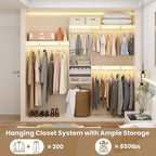 8FT Hanging Closet System, 96 Inch Closet Organizer System with Hanging Rod, Walk In Mounted Closet System, Built-In Clothes Garment Rack with 3 Shelving Towers(Can Be Cut To Fit), White