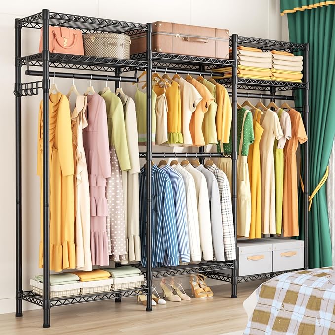 Heavy Duty Garment Rack Clothes Rack,Large Metal Closet Organizer System Storage Wardrobe,Freestanding Clothing Rack with 8 Adjustable Wire Shelves&4 Hang Rods,MaxLoad 800lbs