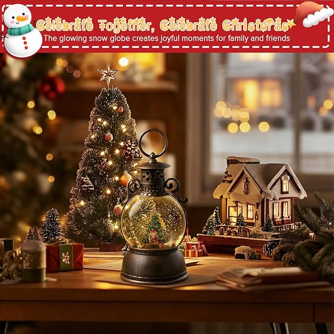 Christmas Snow Globe Lantern - Lighted Musical Water Globes with 6H Timer, Glittering Swirling Nutcracker & Train Scene, Battery/USB Powered Holiday Decoration for Indoor Christmas Decor & Gifts